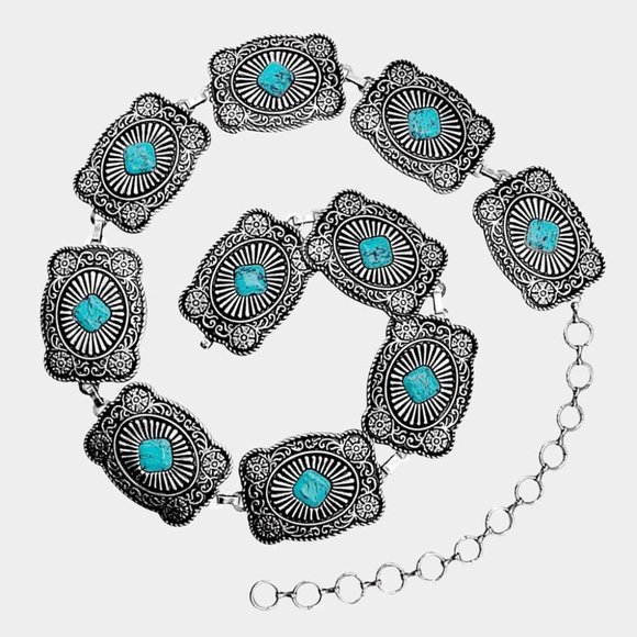 Turquoise Natural Stone Antique Metal Squash Blossom Boho Westen Style L… - Picture 1 of 1